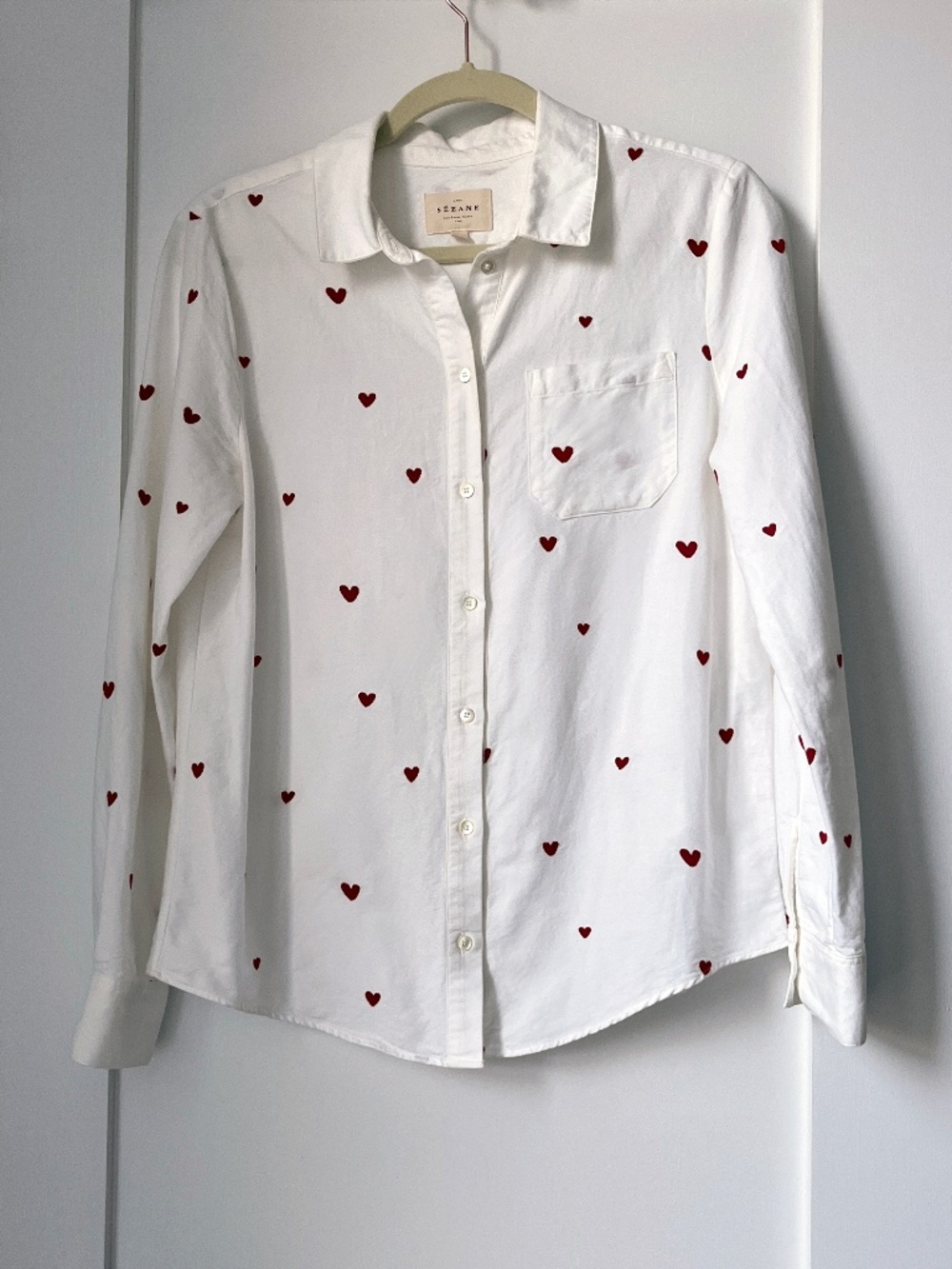 Sézane Tomboy Shirt with Embroidered Red Hearts